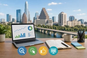Blog header depicting Austin, Texas digital marketing agency offering SEO, paid media and PPC advertising, social media management, and website design